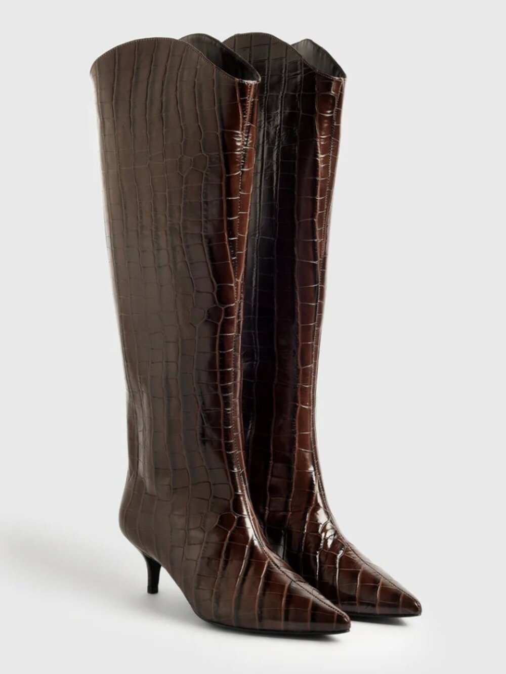 Schutz Maryana Lo Wide Crocodile Pointed Toe Boots in Dark Choco  ($278) - Picture 1 of 5